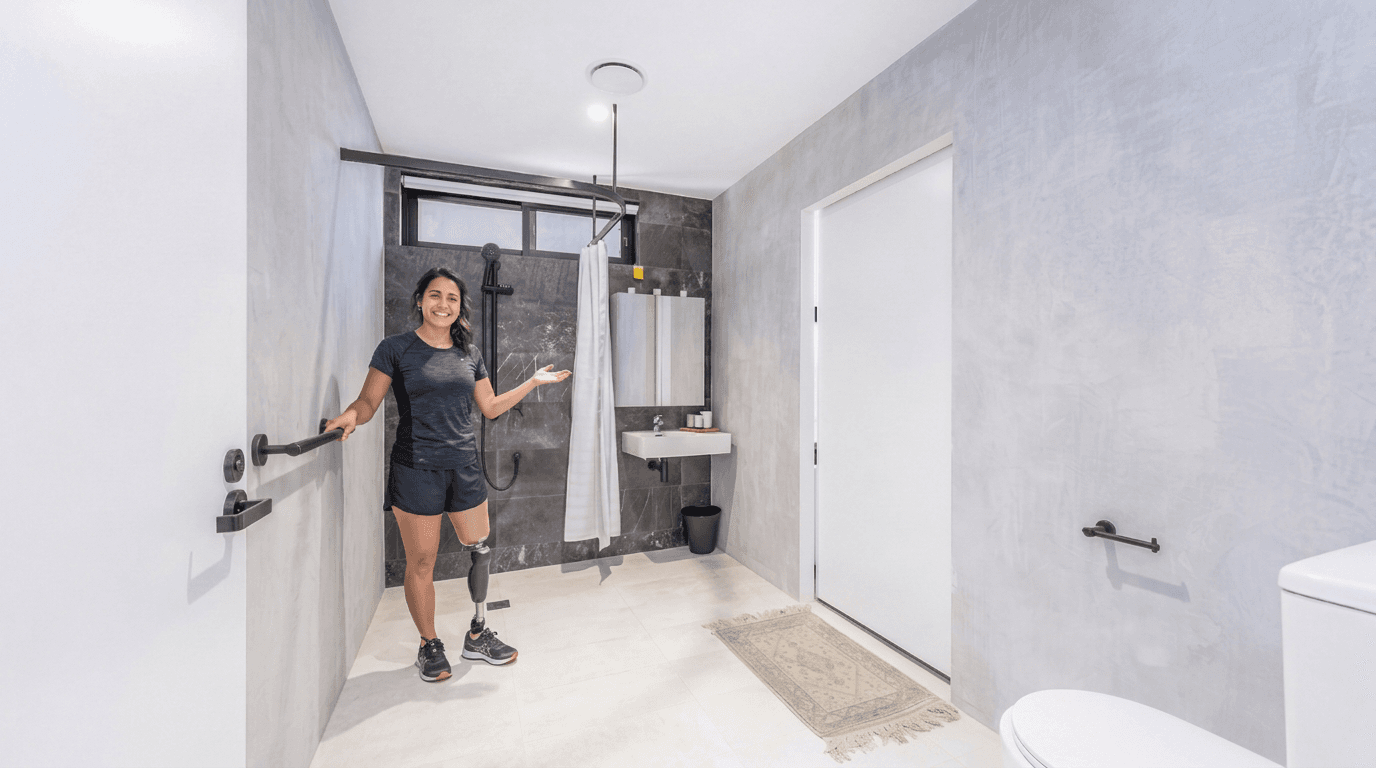 Spacious accessible roll-in shower with grab rails in an Innogreen SDA property
